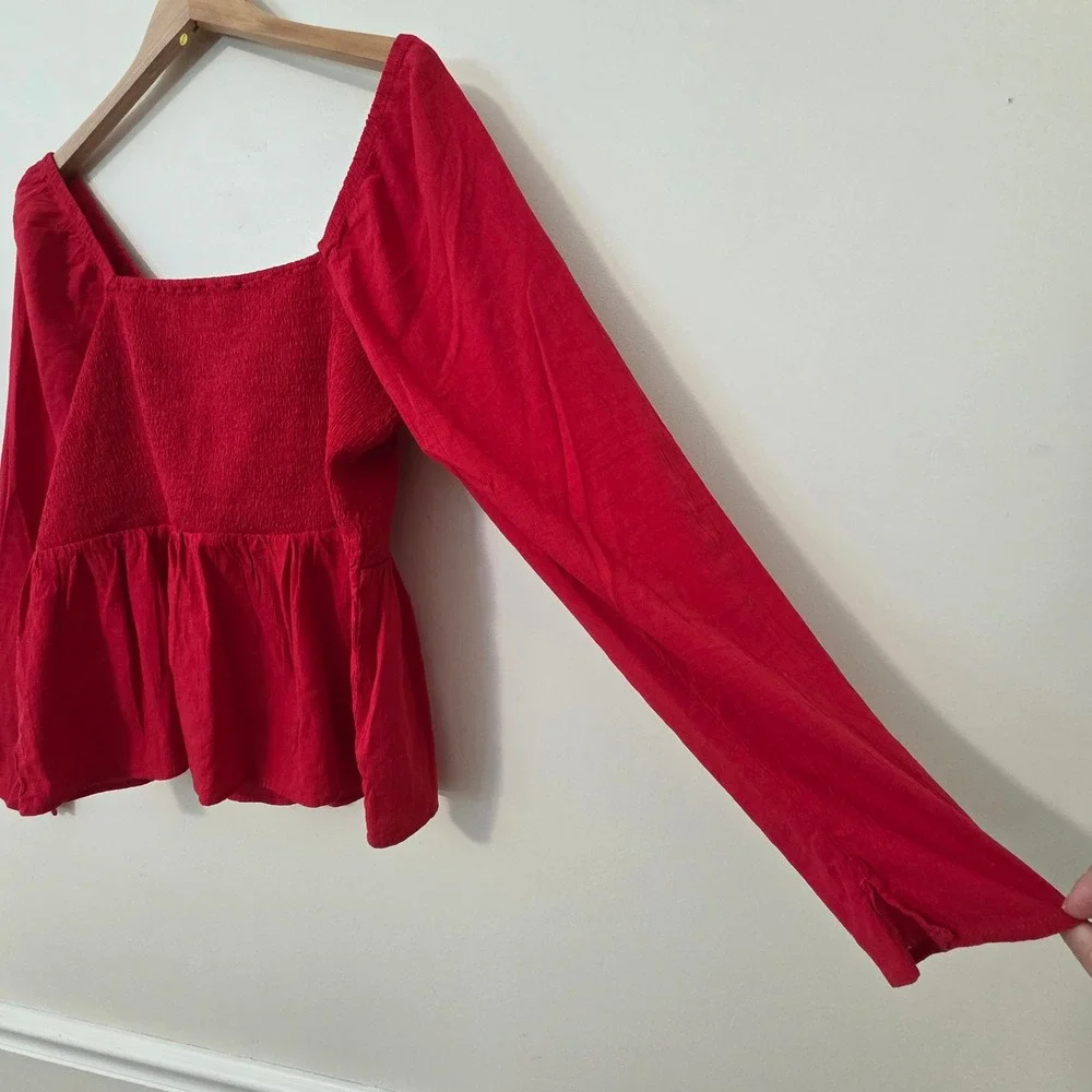 Old Navy Smocked Crepe Top Sz XL Long Puff Sleeve Red Square Neck